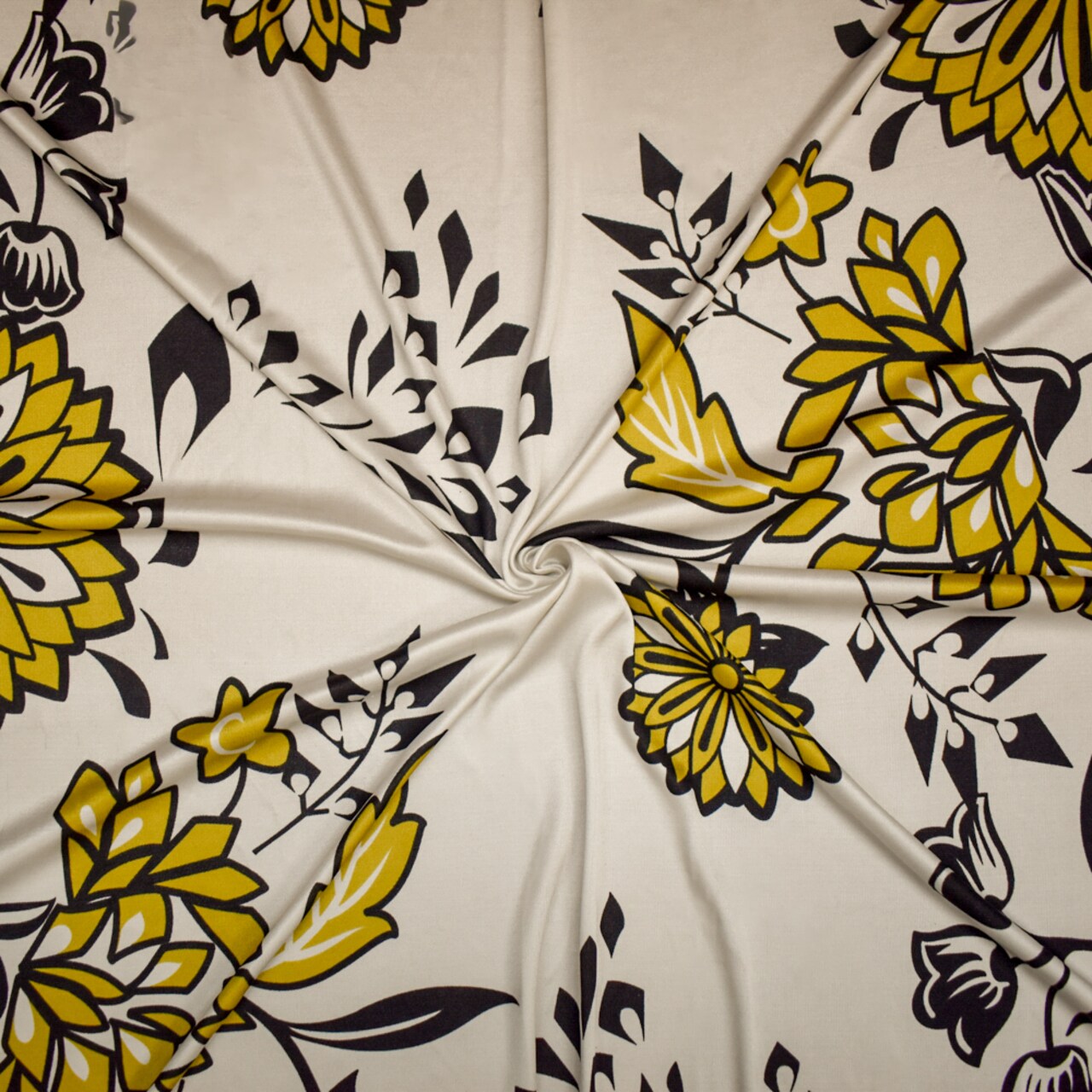 Black-Dijon-White Floral Border Printed Stretch Silk Jersey Knit Fabric By the Yard